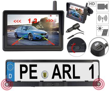 Preview: Supporto per targa, monitor e sistema di segnalazione della distanza per telecamera di retromarcia HD senza fili solare