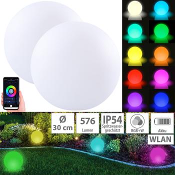 Preview: 2er-Set WLAN-Akku-Leuchtkugeln, RGBW-LEDs, App, 576 lm, IP54, Ø 30 cm