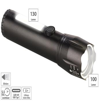 Preview: 2in1-Akku-LED-Taschenlampe mit COB-LED-Arbeitsleuchte, 230 lm, 3 W