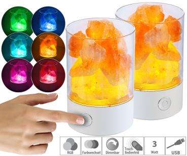 Preview: 2er-Set RGB-LED-Tischleuchte mit natürlichen Salzkristallen, 3 Watt