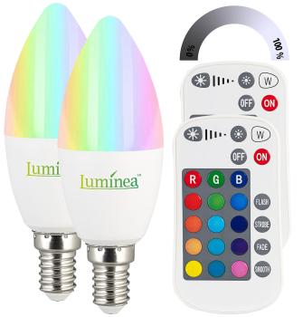 Preview: 2er-Set LED-Kerzen E14 RGBW - 4,8W (ersetzt 40W) dimmbar - 470lm, 15 Farben, 4 Modi, inkl. Fernbedienung, 30.000h Lebensdauer