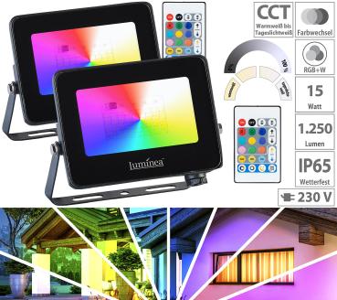 Preview: 2er-Set wetterfeste Outdoor-Fluter, RGB-CCT-LEDs, 15 Watt, 1.250 lm, IP65