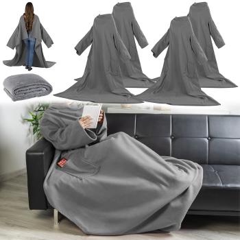 Preview: Lot de 4 couvertures polaire microfibre anthracite 150x200 cm - Avec manches et poches - Idéales soirées hiver confortables et douces