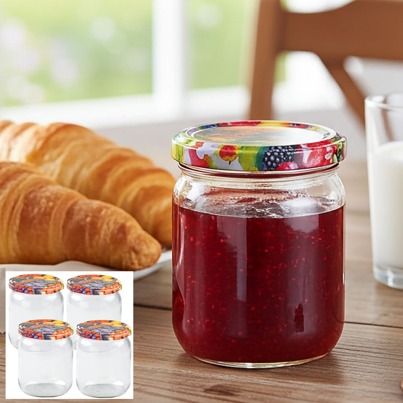 4er-Set Einmachgläser mit Schraubdeckel, Sturzgläser mit Früchte-Muster, je 540 ml