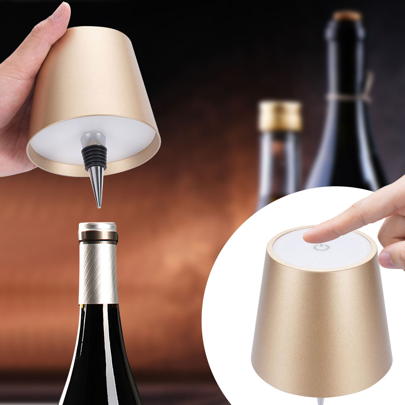 Akku Flaschenlampe, dimmbar, 3 Lichtfarben, gold