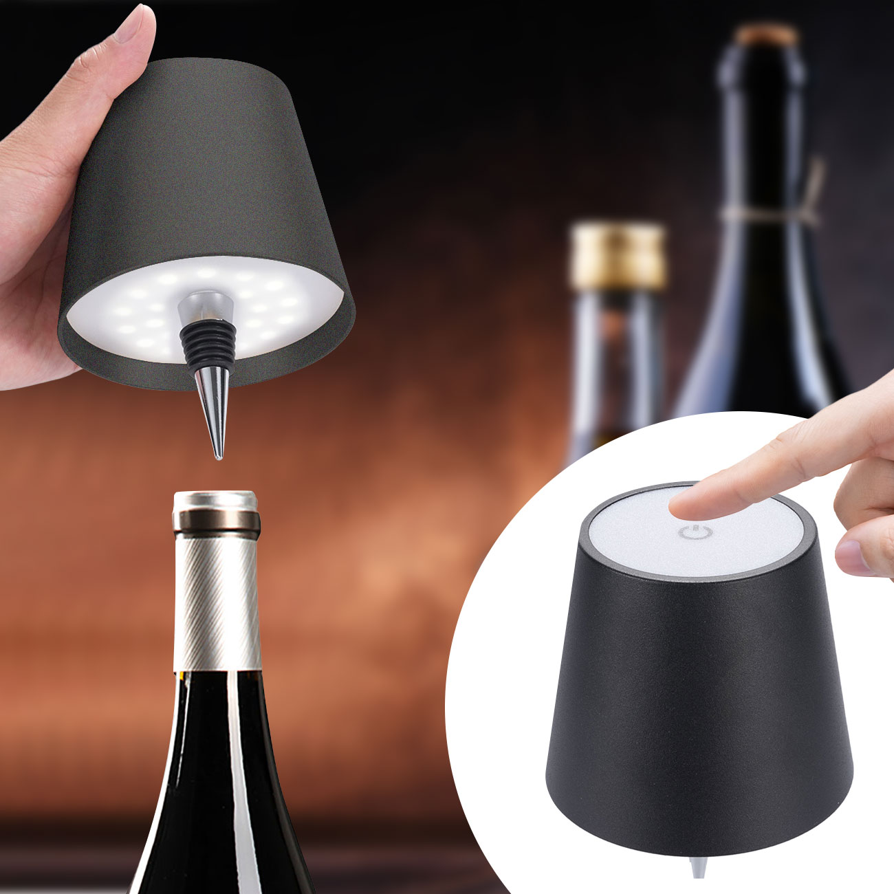 Akku Flaschenlampe, dimmbar, 3 Lichtfarben, schwarz