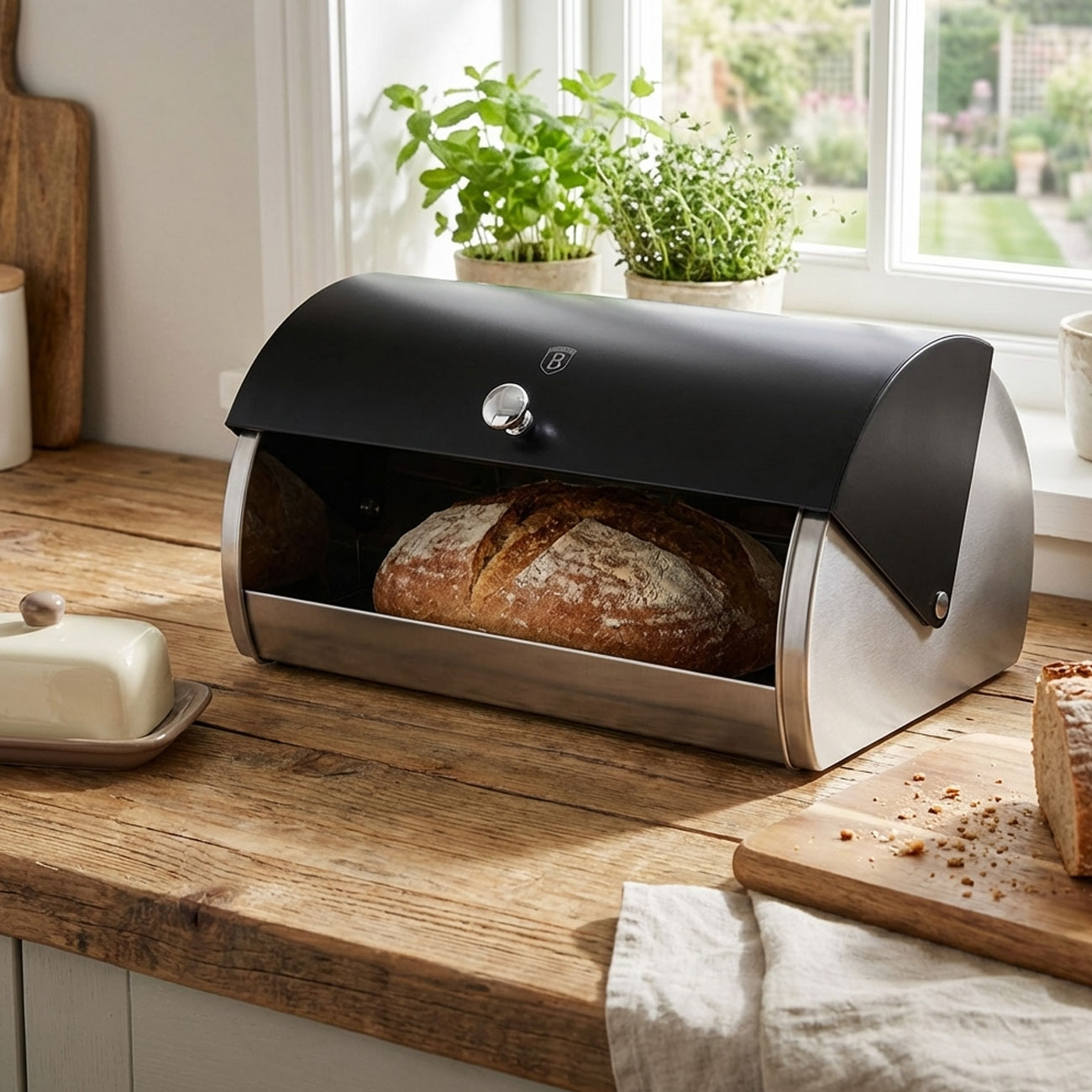 Brotkasten, Edelstahl, mattschwarz-silber, 38,5 x 28 x 18,5 cm