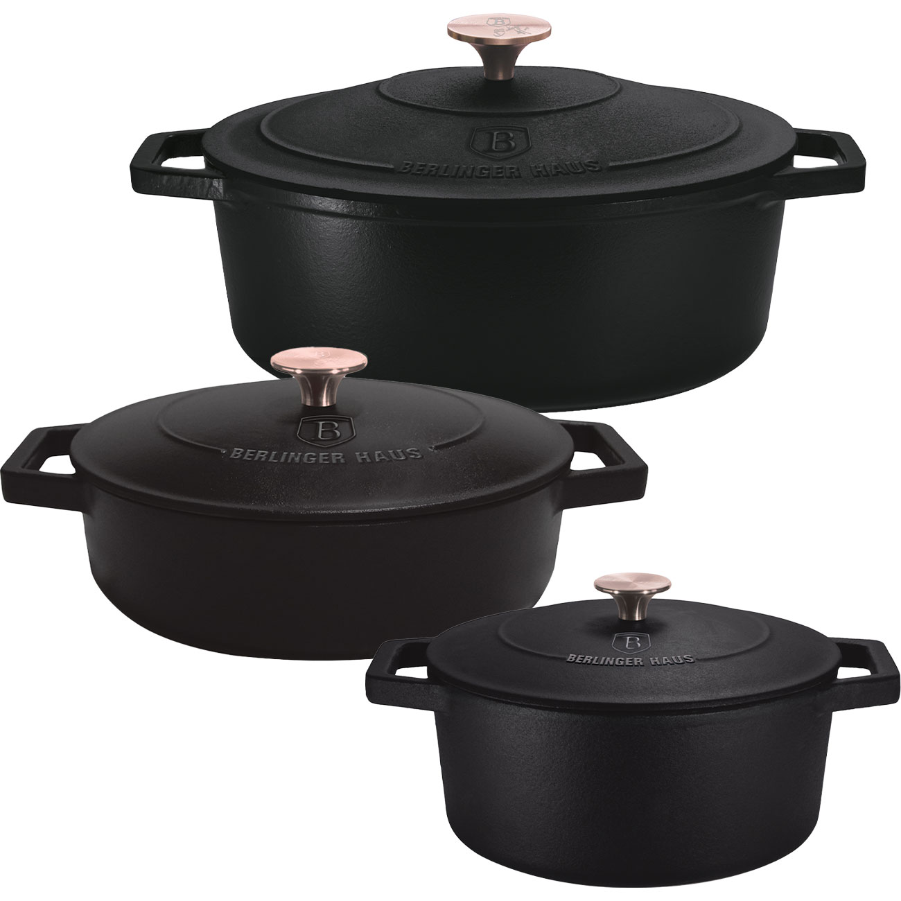Gusseisen-Töpfe-Set mit Deckel, 3-tlg., schwarz-roségold