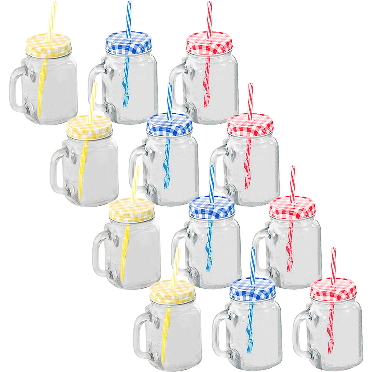12er-Set Retro-Trinkgläser mit buntem Deckel, Henkel und Trinkhalm