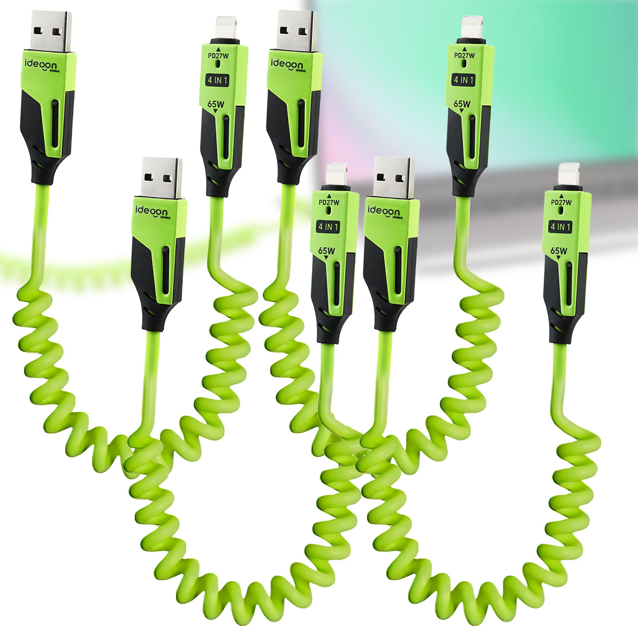 4er-Set 4in1 Spiral Ladekabel, USB-C & Lightning, grün, 65 W