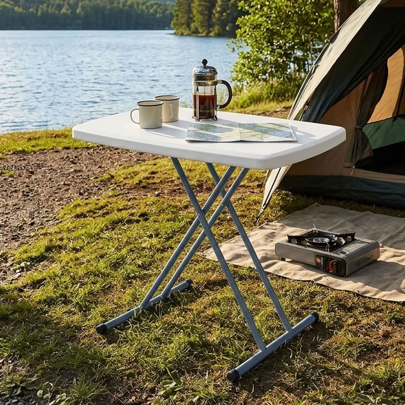 Camping Klapptisch, höhenverstellbar, weiss