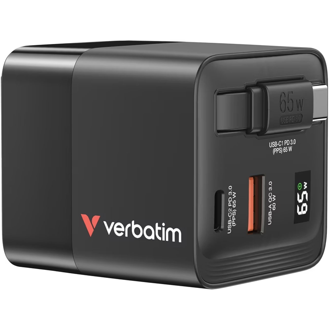 Ladeadapter mit ausziehbaren USB-C Kabel, GaN, 65W, schwarz
