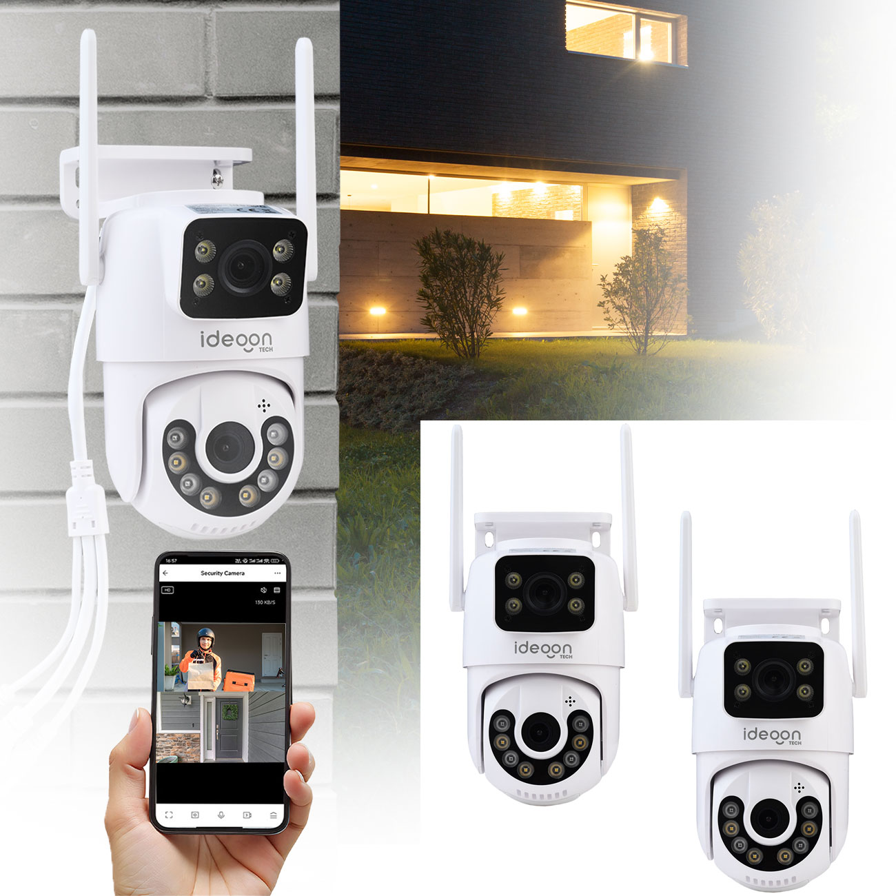 2er-Set Dual Lens IP Outdoor-Überwachungskamera, 355° mit Nachtsicht und Gegensprechen