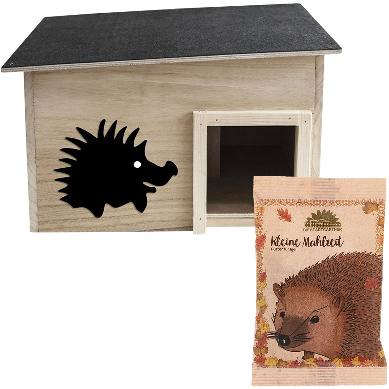 Komplettset: Igelhaus aus FSC-Holz, 40x32x24 cm mit Igelfutter