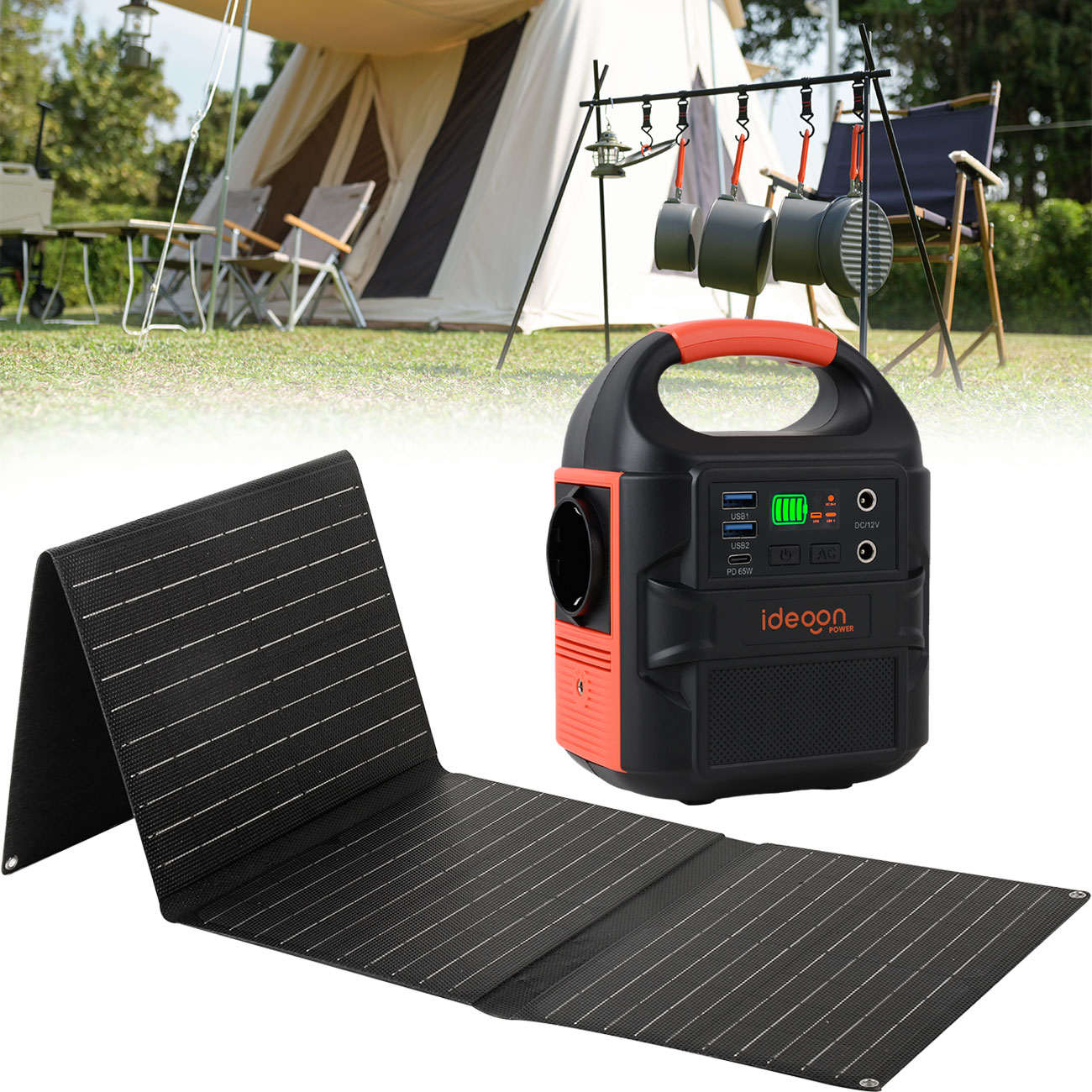 Powerstation & Solargenerator mit Solarpanel 40W, LED, 120W, 12/230V, 88,8 Wh