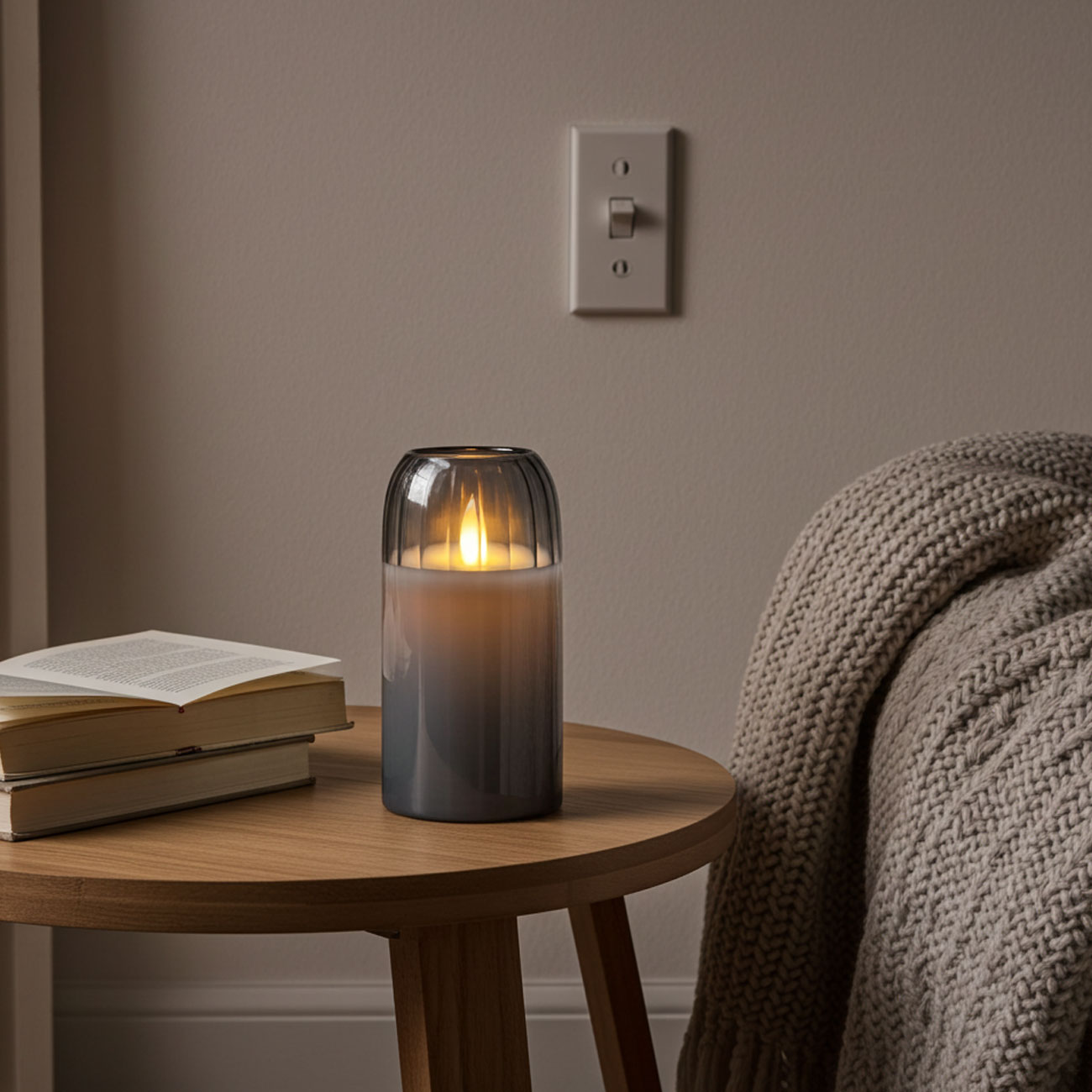 LED Kerze mit beweglicher Flamme, 7,5x15, grau