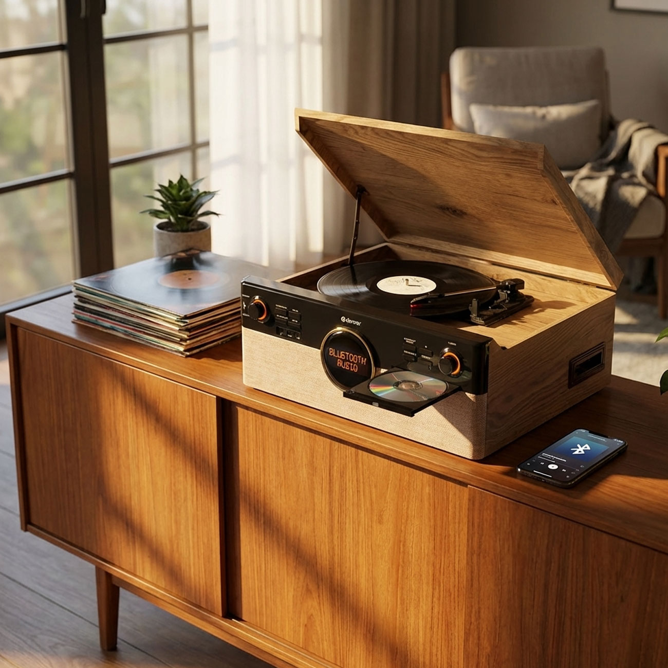 Musikanlage: Plattenspieler, DAB+/FM Radio, CD, Kassette, Bluetooth 5.3 & USB-Recording