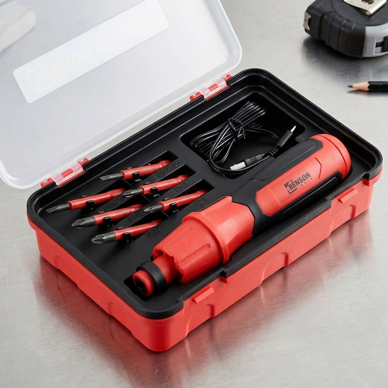 Akkuschrauber Set mit 6 Bits, USB Ladekabel & Box