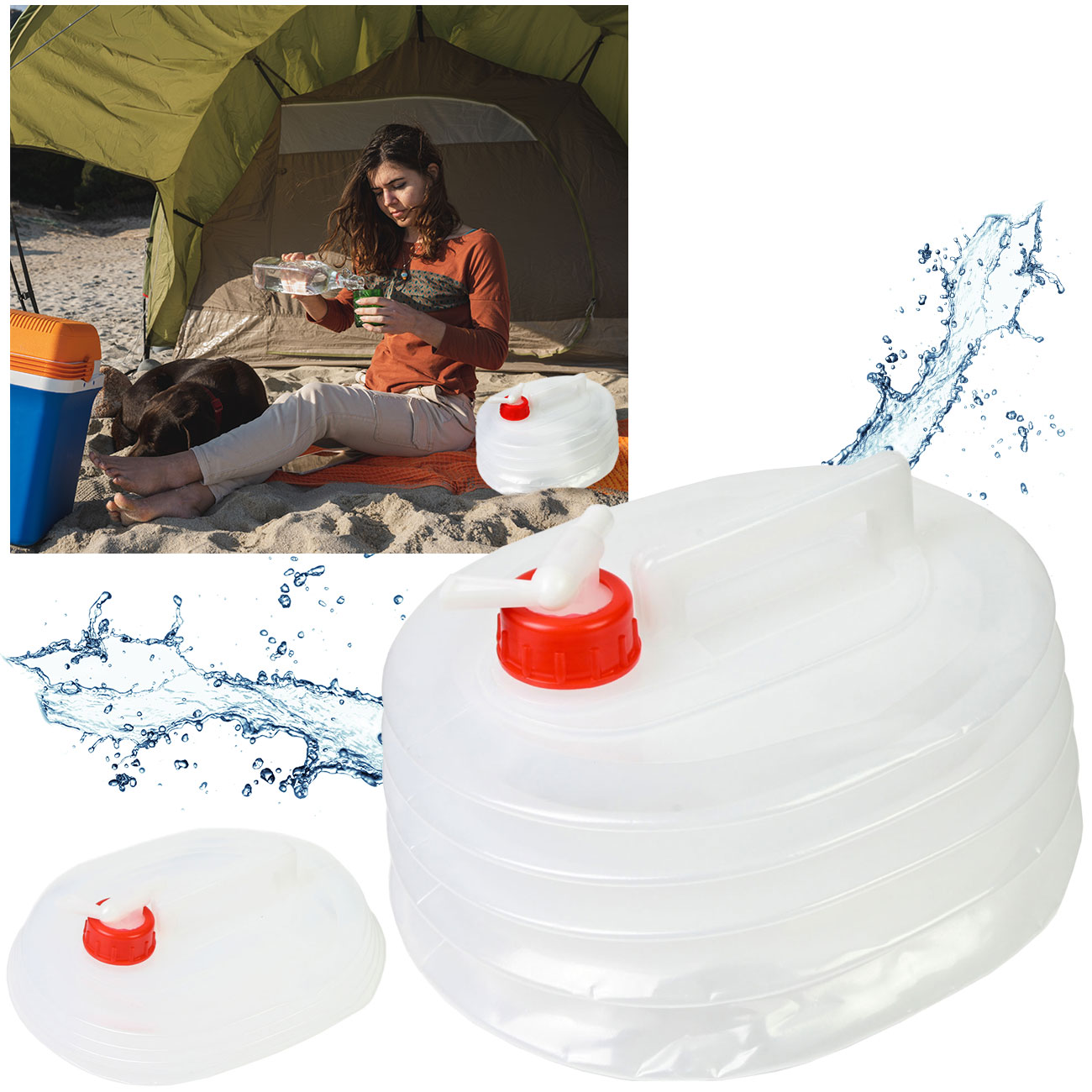 Wasserbehälter mit Wasserhahn, faltbar, für Reisen, Camping, uvm., 5 Liter