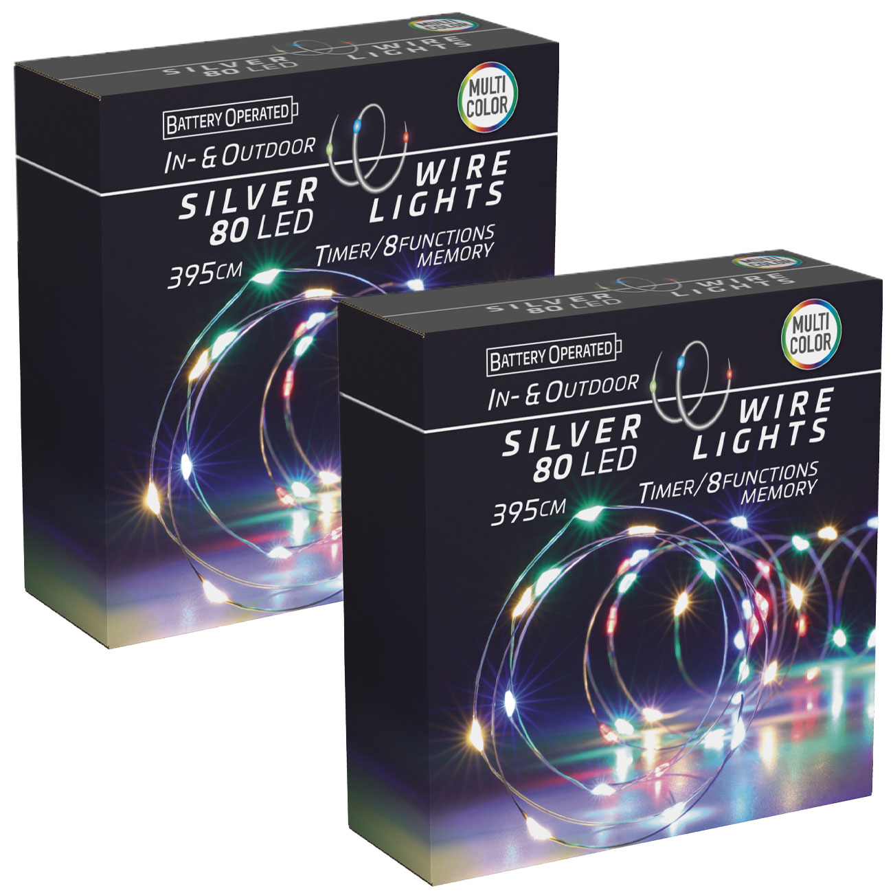 2er-Set Silberdraht-Lichterkette, 80 LEDs, IP44, batteriebetrieben, bunt, L 395 cm