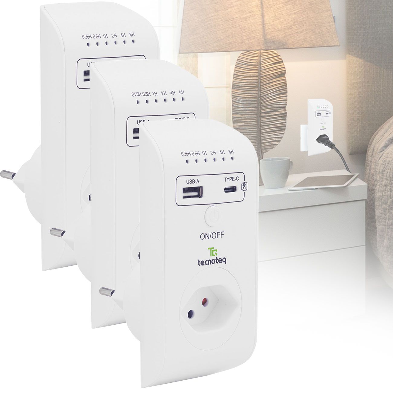 3er-Set Steckdose mit 2x USB-Ladeport, 3.1 A, Timer, Überspannungsschutz, Swiss-Edition