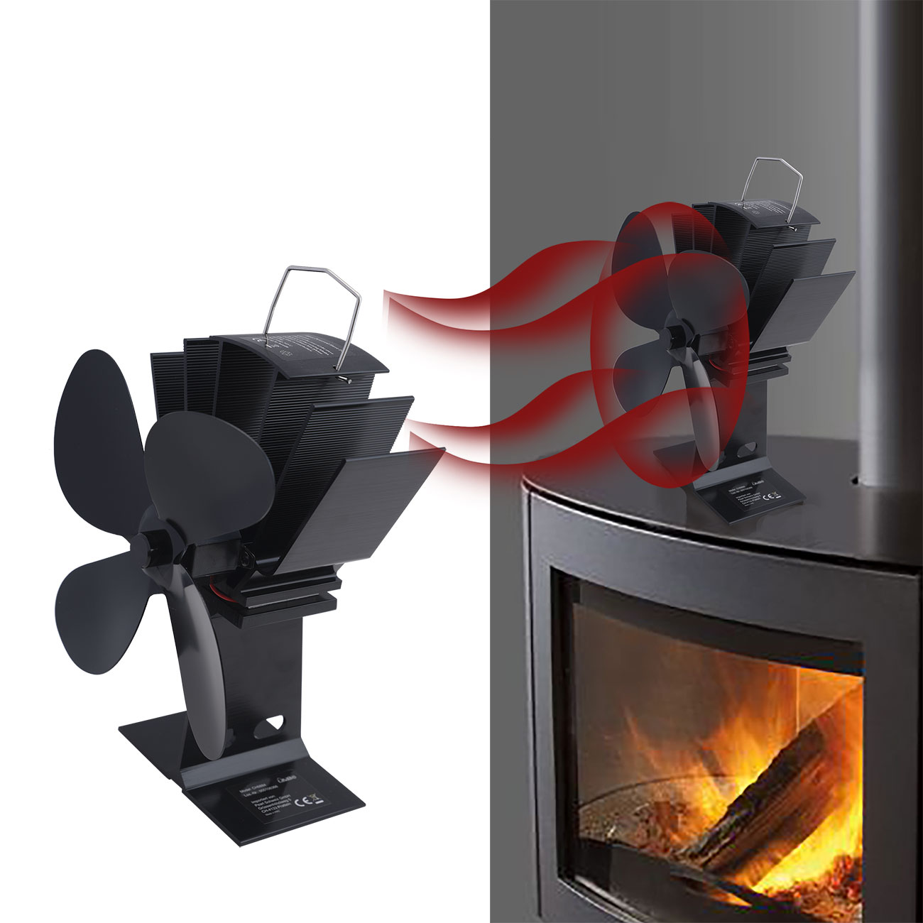 Stromloser Kaminventilator, schwarz, 4 Lüfterblätter, für 65°C - 345°C