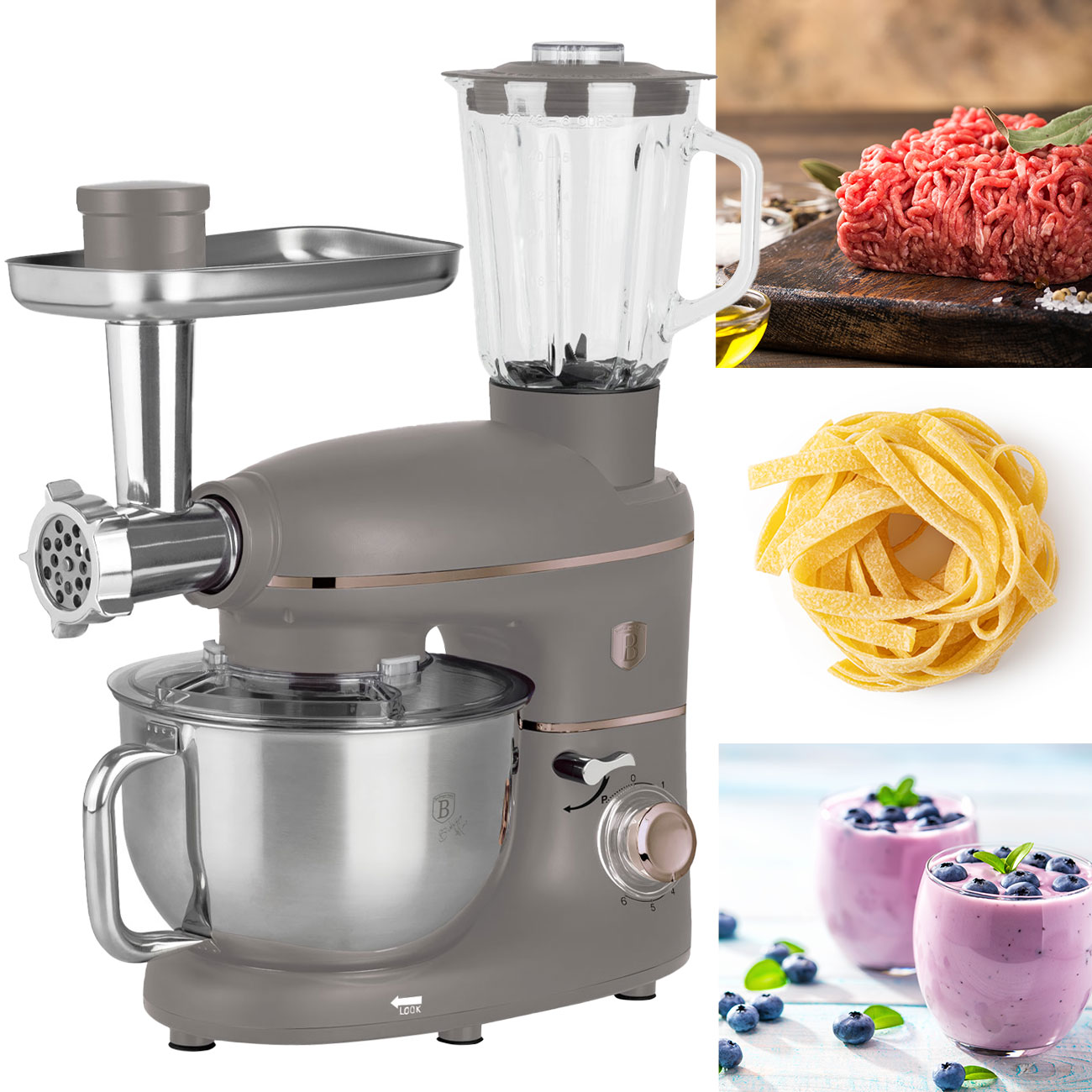 Robot de cuisine design avec hachoir à viande & 3 accessoires pour pâtes, 1500W, taupe