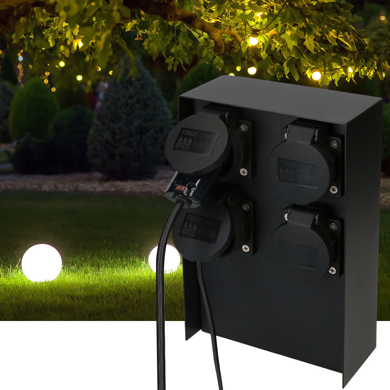 Gartensteckdosensäule aus Stahl mit 4 Steckdosen Typ 13, IP55, schwarz