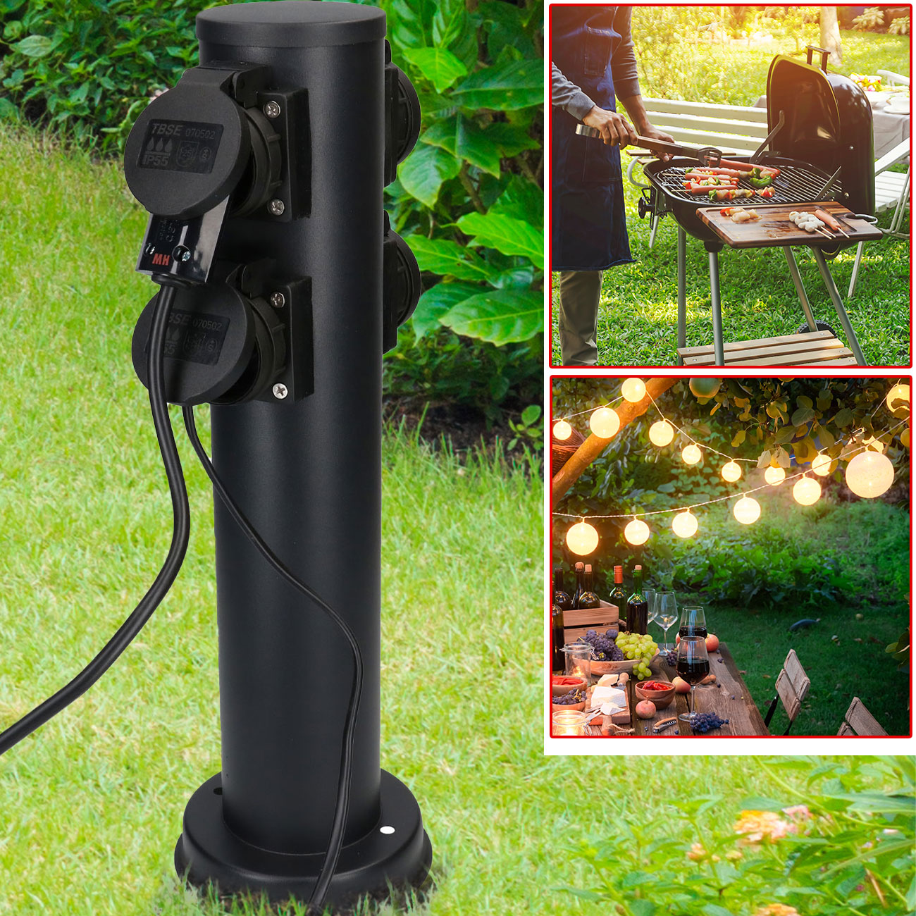 2er-Set Runde Gartensteckdosensäule aus Stahl mit 4 Steckdosen Typ 13, IP55, schwarz