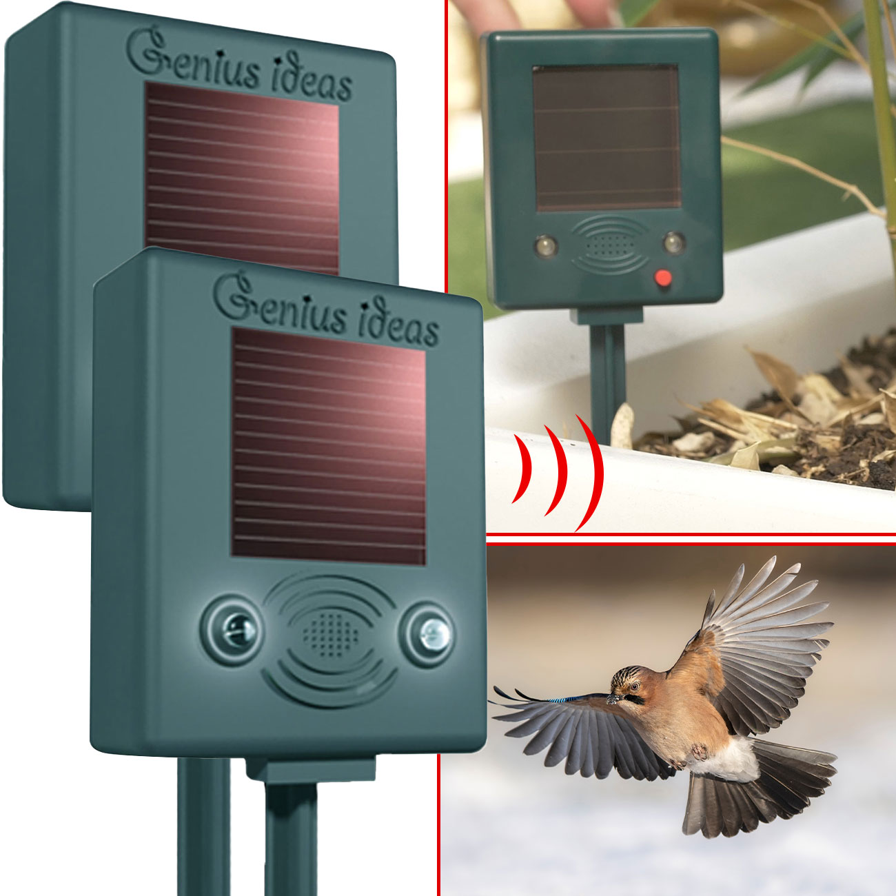 2er-Set Vogelschreck mit Ultraschall und Blitz, solarbetrieben, bis zu 150 m²
