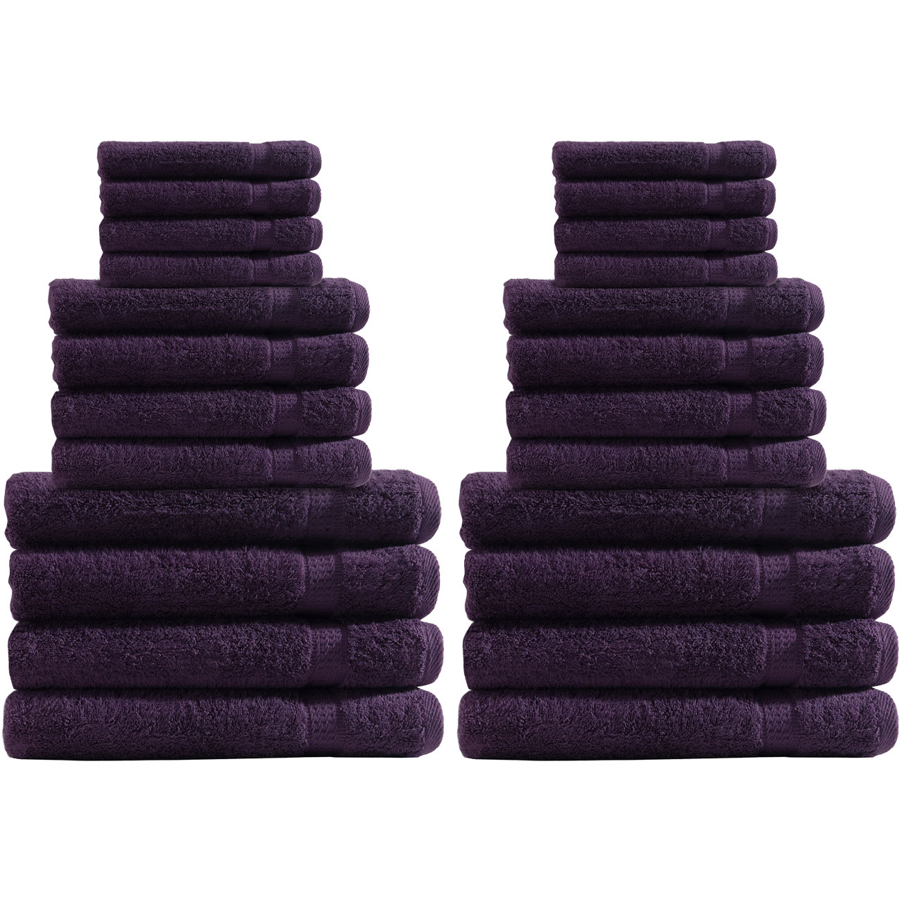 Handtuchset 24-teilig, je 8 Gäste-, Hand- und Duschtücher, 100% Baumwolle, aubergine