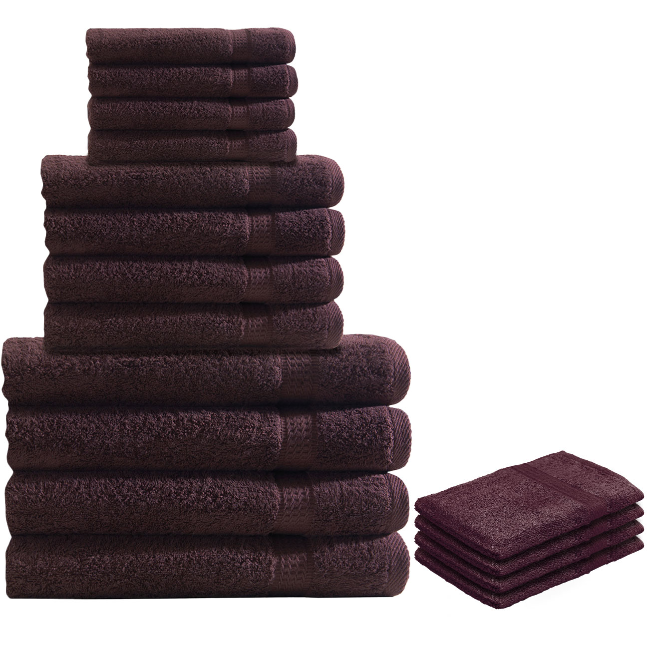 16-teiliges Handtuch-Set Frottee, je 4 Gäste-, Hand-, Duschtücher und Waschlappen, braun