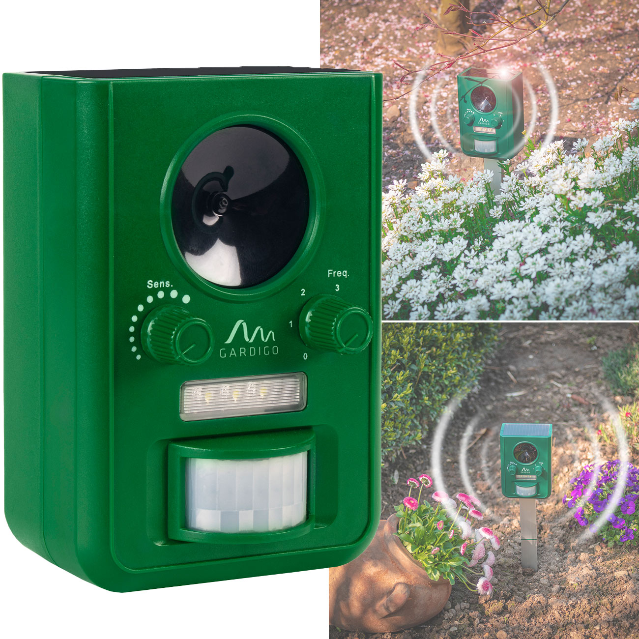 Répulsif universel pour animaux, à énergie solaire, ultrasons et flash LED