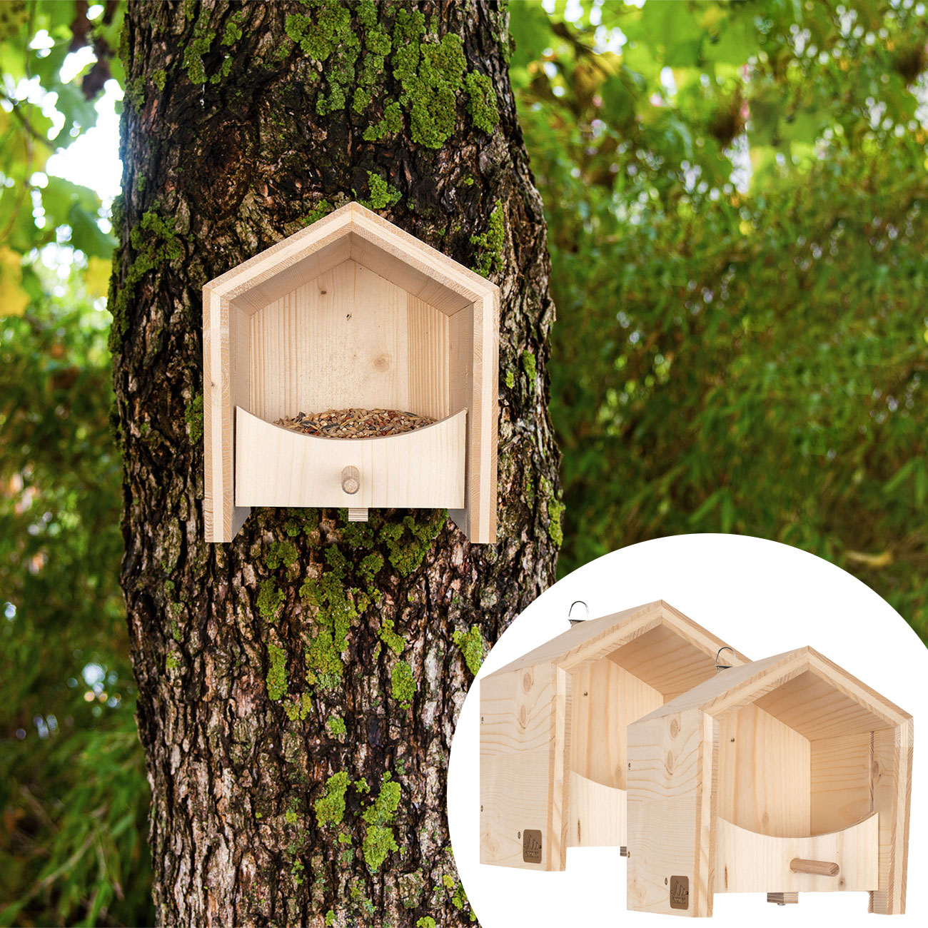 2er-Set Vogel-Futterhaus aus Fichtenholz mit Sitzstange