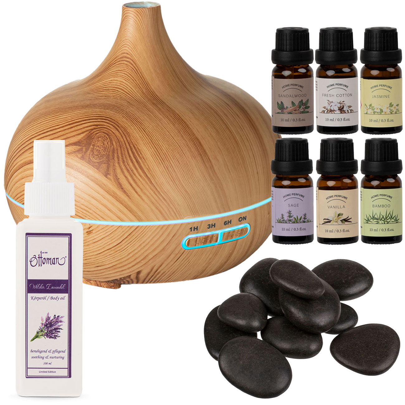 Wellness-Set aus Duftlampe, 6, 6 Düften, 9 Hot-Stones und Lavendelöl