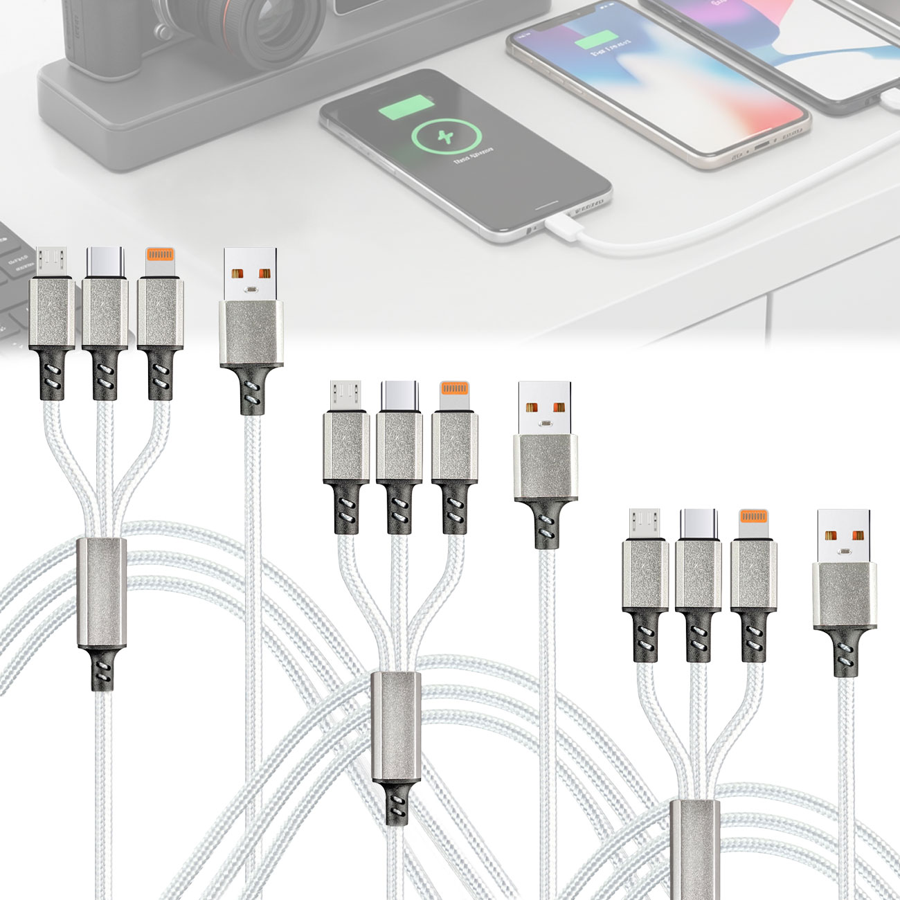3er-Set 3in1 Universal USB-Schnellladekabel, 25 W, 120cm