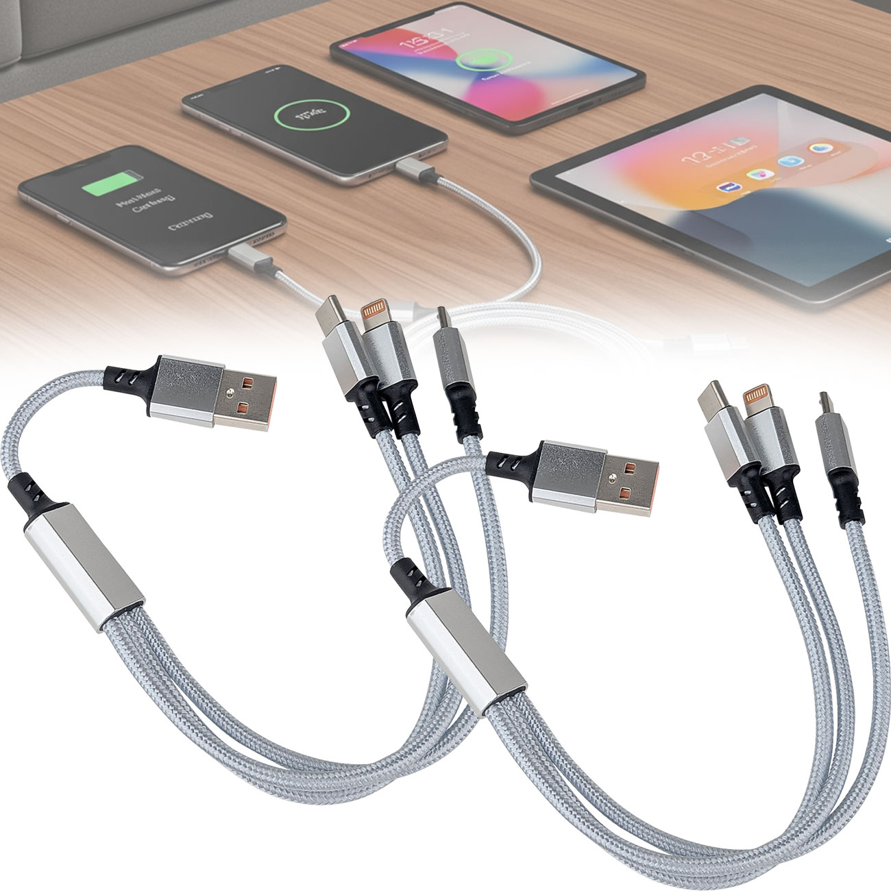 2er Set 3in1 Universal USB-Schnellladekabel, 25 W, 30cm
