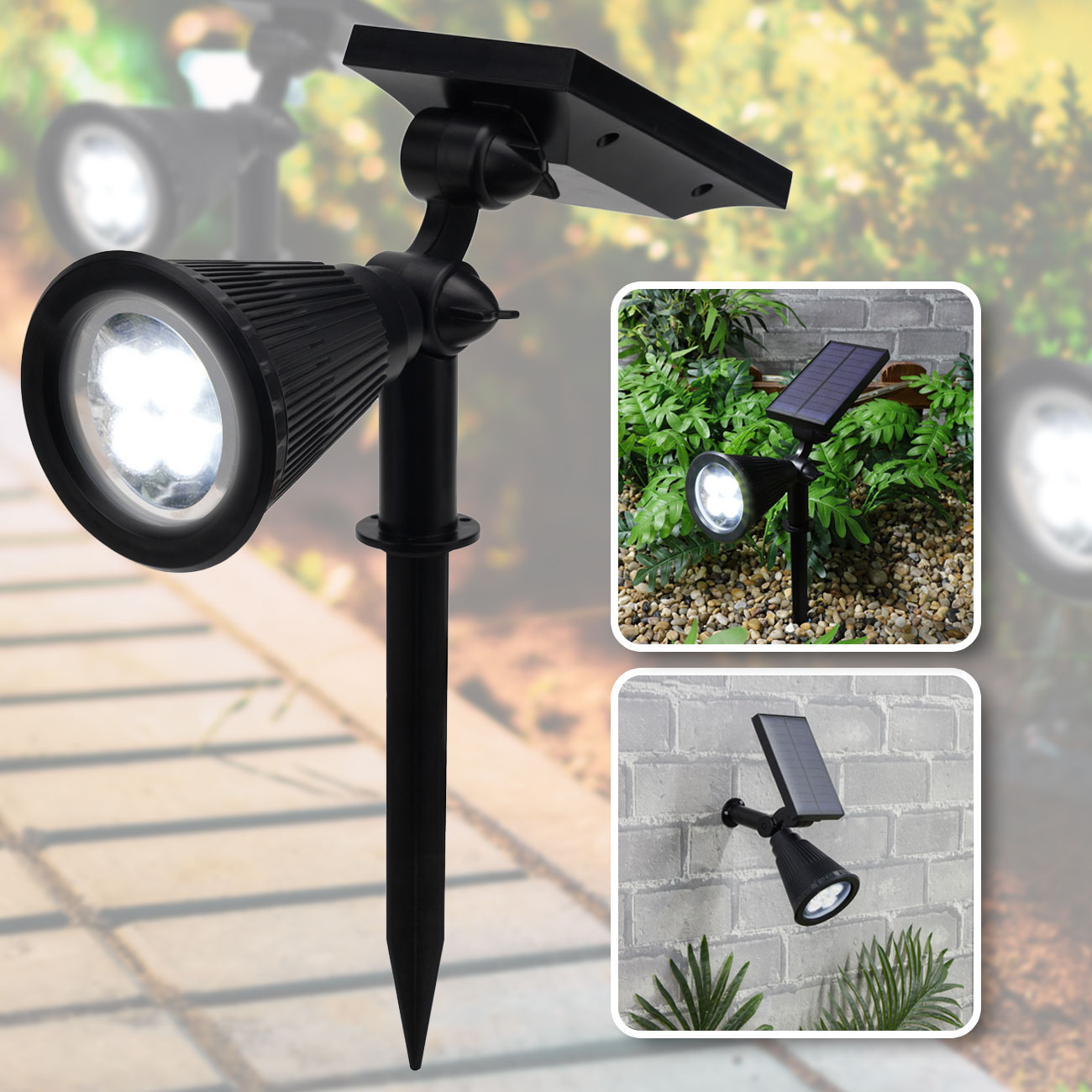 LED-Gartenstrahler, solarbetrieben, mit Erdspiess, 200 Lumen, IP44