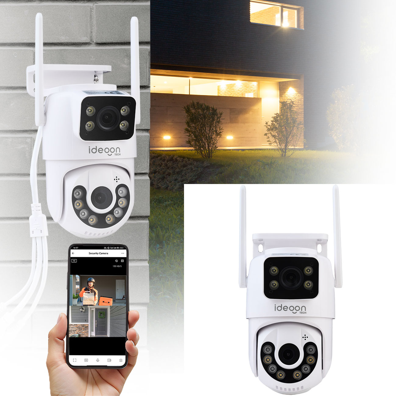 Dual Lens IP Outdoor-Überwachungskamera, 355° mit Nachtsicht und Gegensprechen