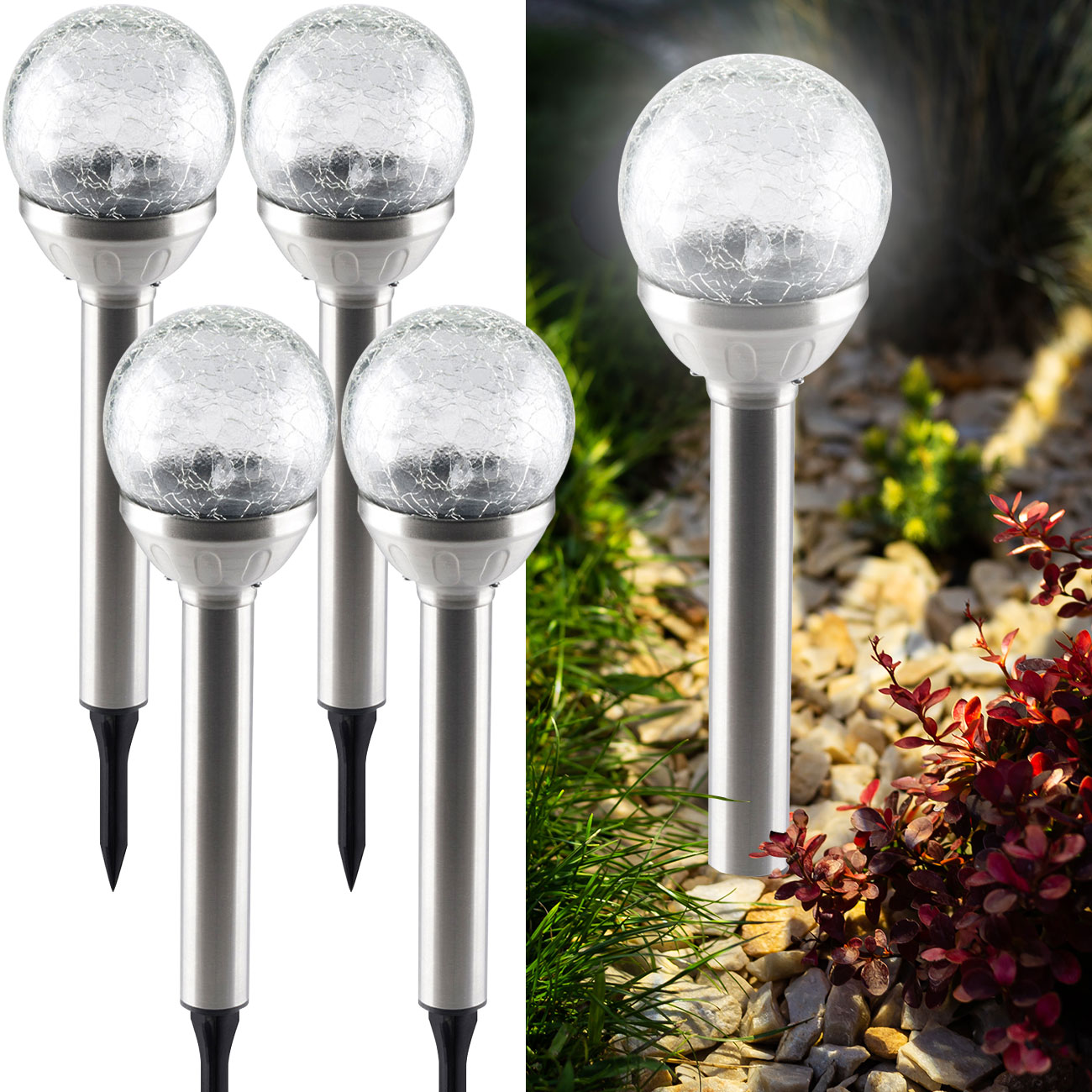 4er-Set Solar-Kugellampe mit Erdspiess für den Garten, H 34 x Ø 7,5 cm