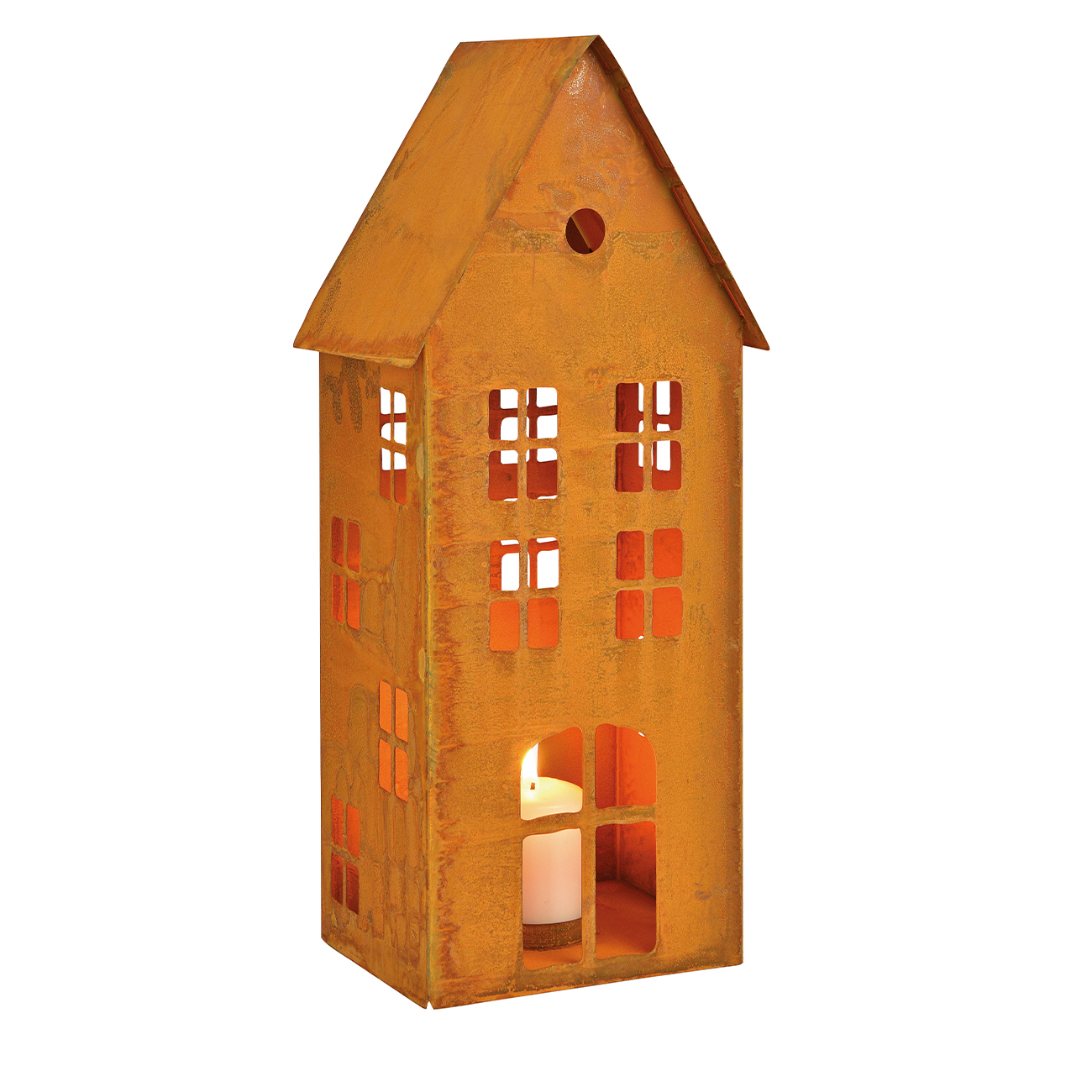 Windlicht Haus aus Metall, Rost-Finish, braun, Lichterhaus, 17 x 40 x 14 cm