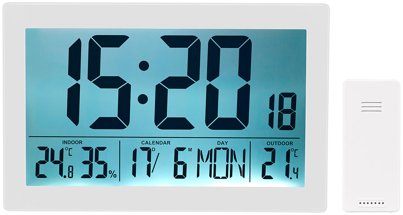Horloge radio-pilotée XL avec thermo-hygromètre et capteur extérieur - Blanc
