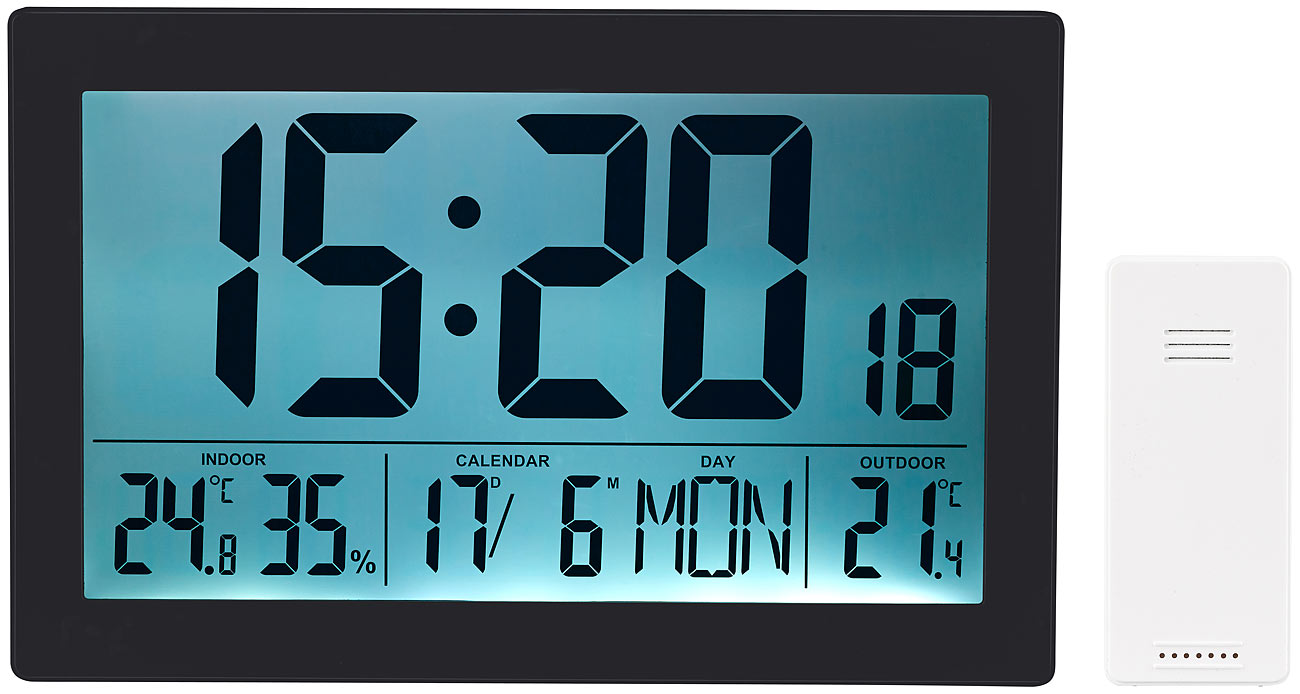 Horloge radio-pilotée XL avec thermo-hygromètre et capteur extérieur - Noir