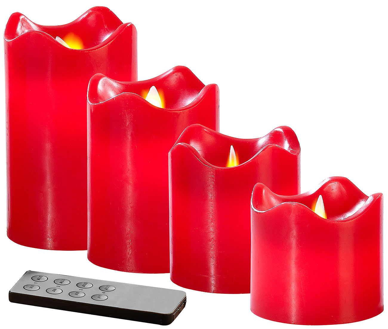 4 Echtwachskerzen mit beweglicher LED-Flamme, abgestuft, rot