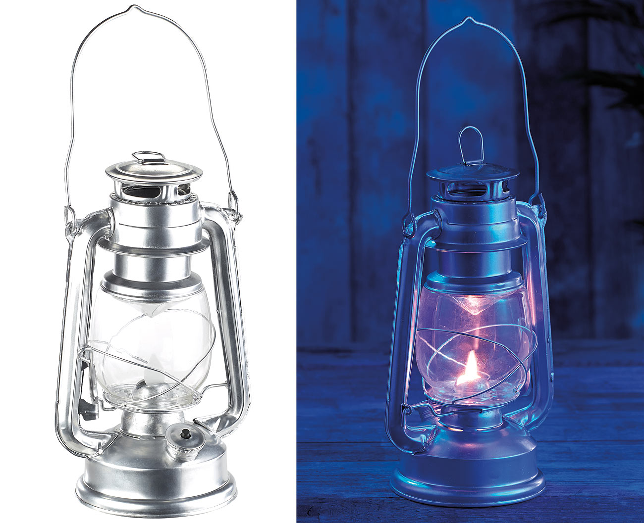 LED-Sturmleuchte im Öllampen-Design, Flammen-Imitation, silberfarben