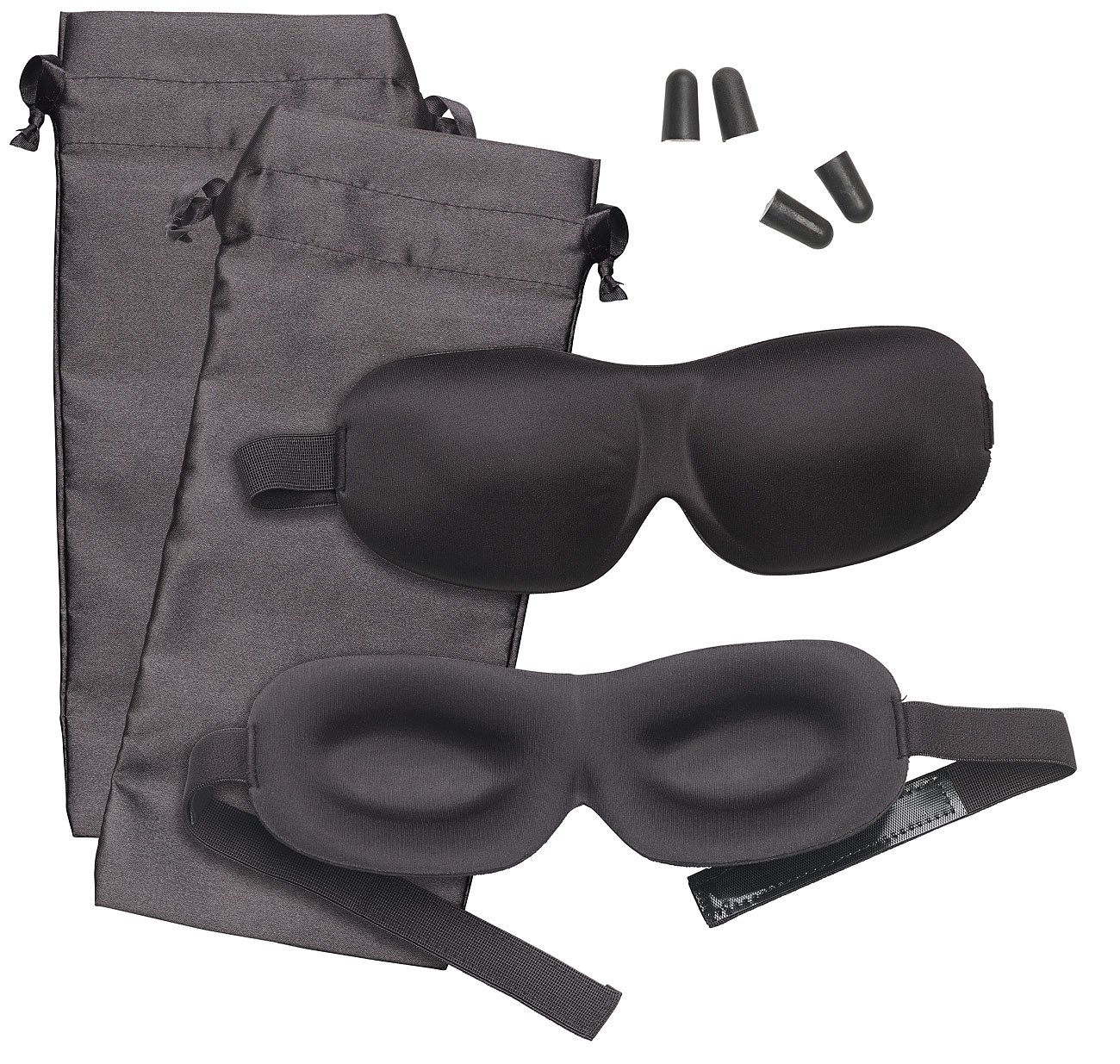 2er-Set 3D-Schlafmasken mit Ohrstöpseln & Aufbewahrungstasche, schwarz