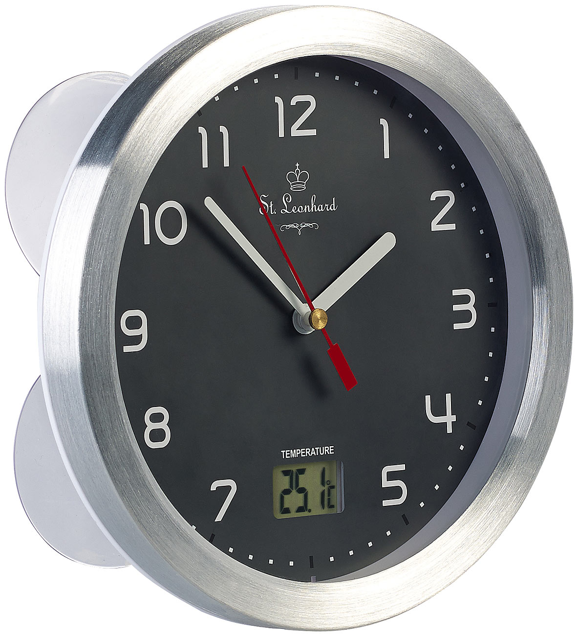 Horloge murale de salle de bain avec thermomètre LCD, cadre en aluminium, IPX4, gris