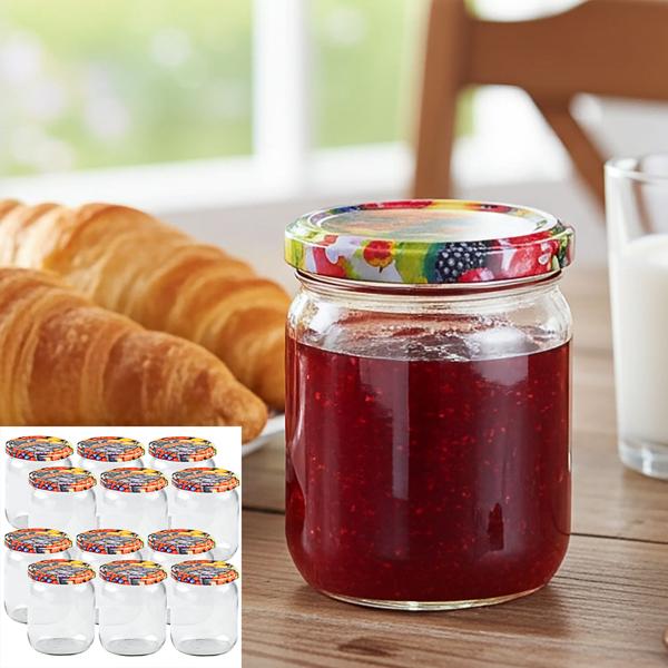 set of 12 preserving jars - 540ml with screw lid (fruit pattern) - Practical mason jars ideal for preserving jam & as storage jars