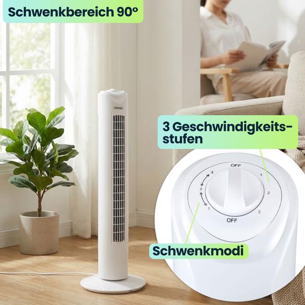 Effektiver Turmventilator: 3 Geschwindigkeiten & 90 Grad Oszillation – Platzsparender Standventilator mit Schwenkmodus für Büro, Wohn- & Schlafzimmer