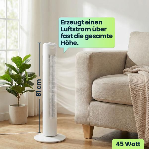 Effektiver Turmventilator: 3 Geschwindigkeiten & 90 Grad Oszillation – Platzsparender Standventilator mit Schwenkmodus für Büro, Wohn- & Schlafzimmer